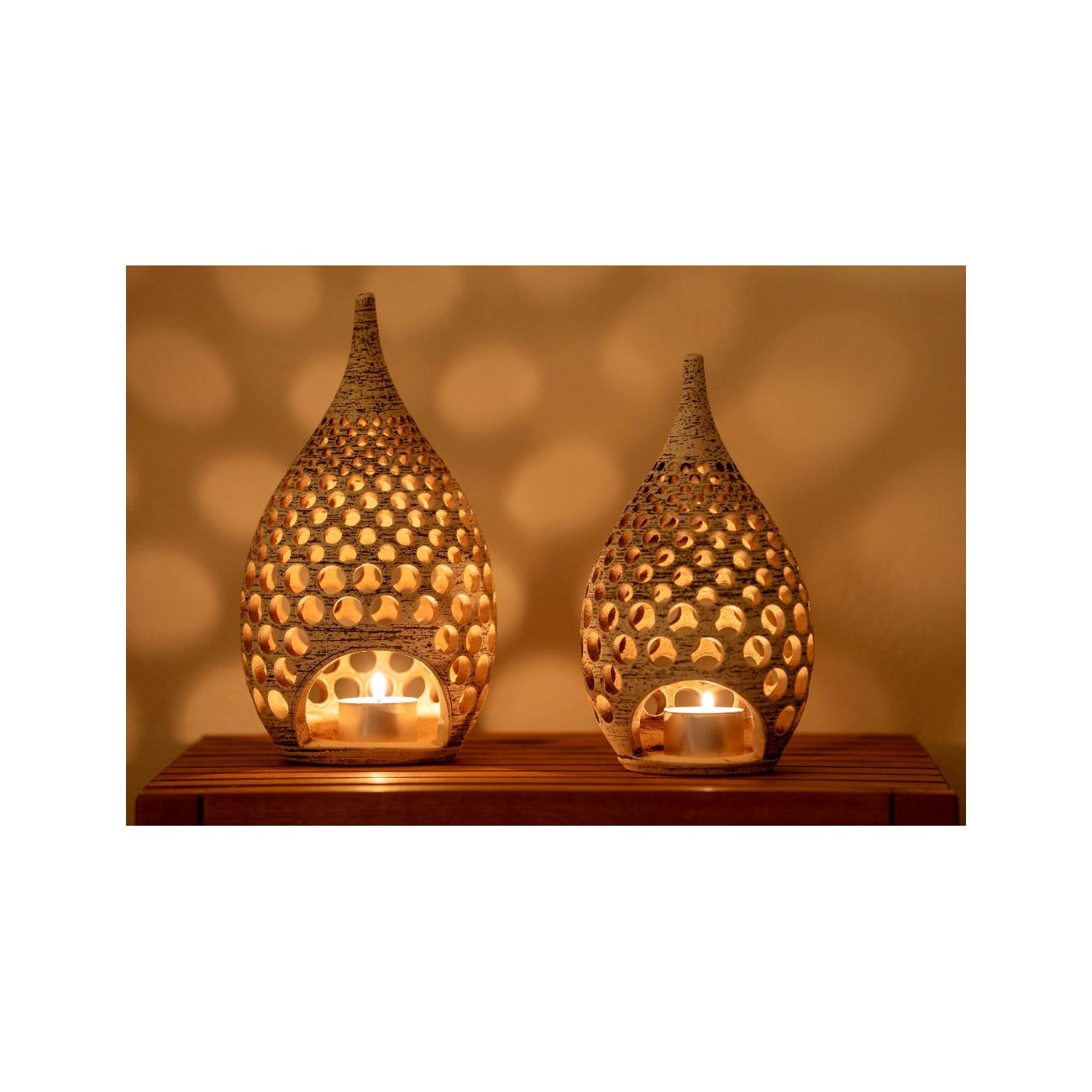 Set of 2 Modern Ceramic Tealight Candle Lanterns, Beige Color, Large
